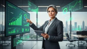 Advogado moderno elaborando estratégia de marketing jurídico com elementos tecnológicos flutuantes e ambiente contemporâneo
