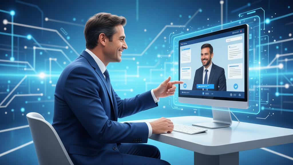 Advogado conversando com cliente em estande virtual, explorando estratégias de marketing jurídico em feiras virtuais.