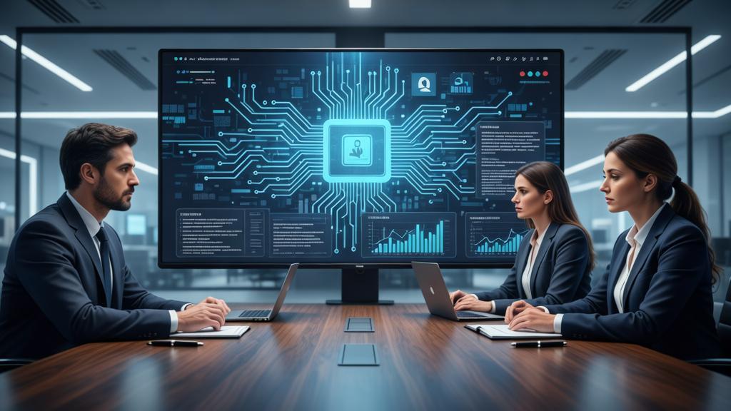 Diversos advogados em reunião virtual em escritório moderno, refletindo a identidade visual do escritório de advocacia.