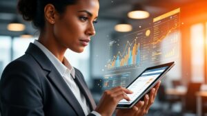 Cidadão de negócios analisando dados em tablet em um escritório moderno, destacando as táticas para atrair clientes B2B no Direito.