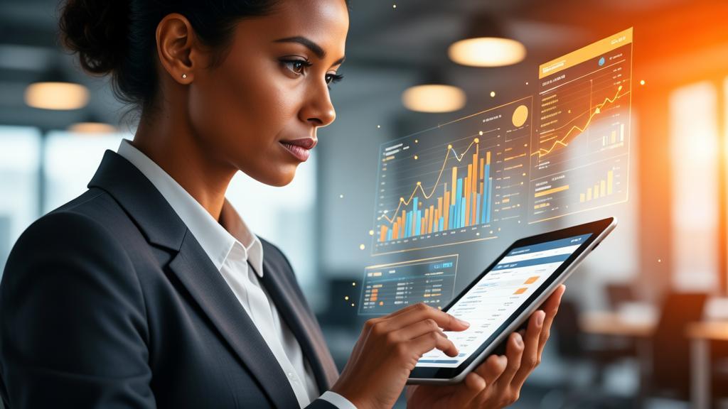 Cidadão de negócios analisando dados em tablet em um escritório moderno, destacando as táticas para atrair clientes B2B no Direito.