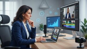 Como Editar Vídeos para Marketing Jurídico Guia Prático com advogada editando vídeo e elementos tecnológicos flutuantes