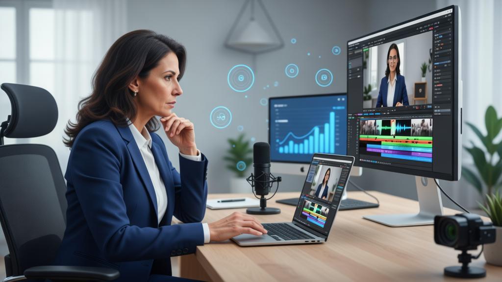 Como Editar Vídeos para Marketing Jurídico Guia Prático com advogada editando vídeo e elementos tecnológicos flutuantes