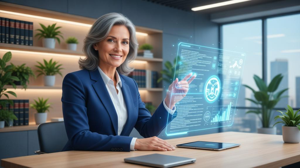 Conteúdo Jurídico com Inteligência Artificial para Advogados em escritório moderno com advogado(a) e elementos tecnológicos flutuantes