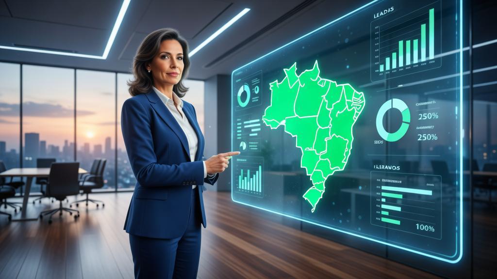 Advogada analisando segmentação de campanhas jurídicas com dashboard e elementos tecnológicos flutuantes