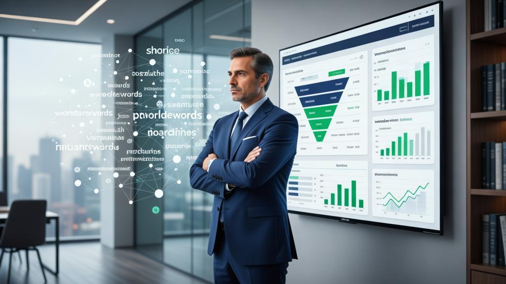 Pesquisa de Palavras-chave para Advogados Guia Completo com advogado analisando SEO e dados digitais em escritório moderno