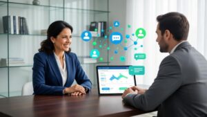 Estratégias para Fidelizar Clientes no Direito Guia Completo com advogada e cliente em reunião tecnológica