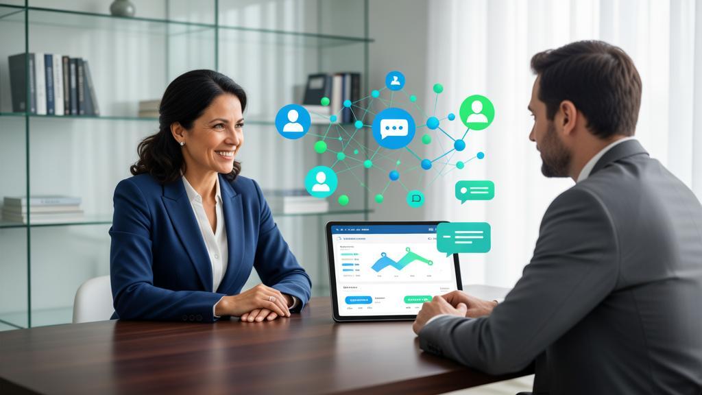 Estratégias para Fidelizar Clientes no Direito Guia Completo com advogada e cliente em reunião tecnológica