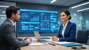 Estratégias para Aumentar a Retenção de Clientes no Escritório de Advocacia com advogado e cliente em ambiente moderno e tecnológico