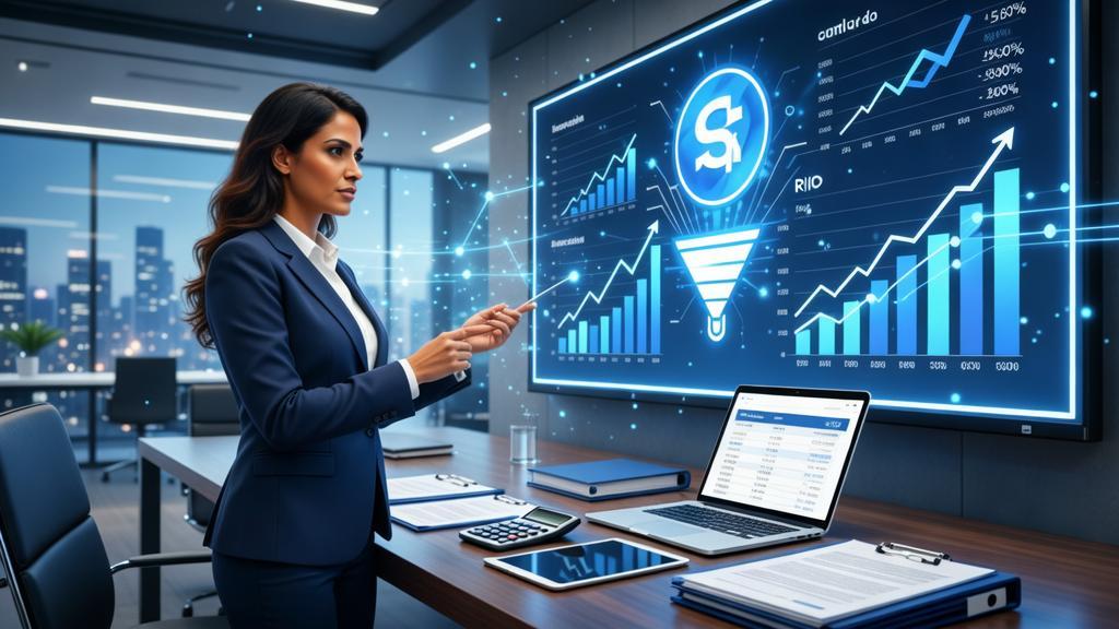 O que é ROI no Marketing Jurídico Aprenda a medir o sucesso do seu escritório com advogada analisando gráficos e dashboards