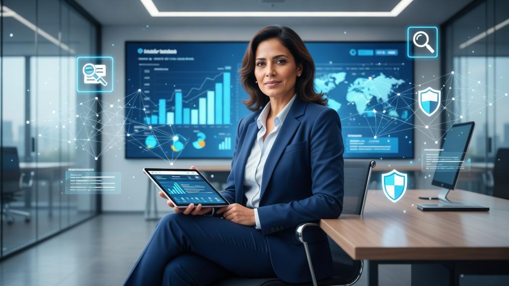 Marketing Digital para Advogados de Diversas Áreas Guia Estratégico com advogada analisando dados digitais em interface moderna