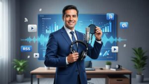 Podcast Jurídico Como Iniciar Passo a Passo Guia Completo com advogado em estúdio moderno e elementos tecnológicos