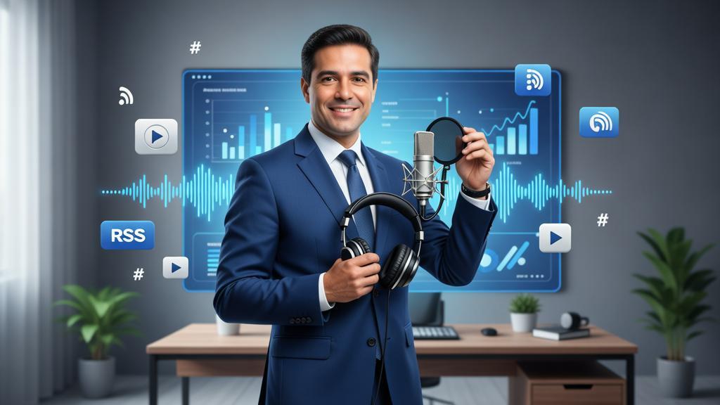Podcast Jurídico Como Iniciar Passo a Passo Guia Completo com advogado em estúdio moderno e elementos tecnológicos