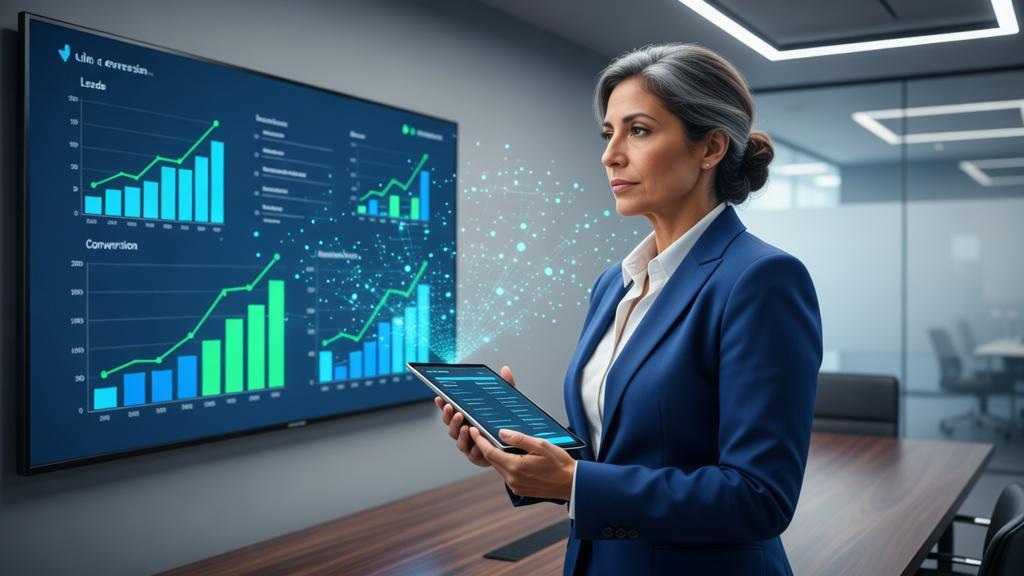 O que Medir nas Campanhas Jurídicas Online - Métricas Essenciais: advogada analisando métricas digitais e funil de leads em escritório moderno