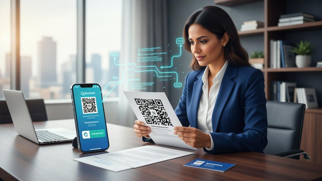 Como Utilizar QR Code no Marketing Jurídico Guia Prático para Advogados: advogada com QR code e celular em escritório moderno