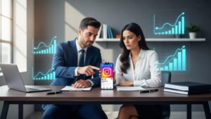 Como Utilizar Stories no Instagram Jurídico Guia Prático para Advogados, advogados analisando métricas e stories em escritório moderno