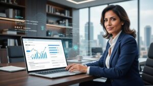 Técnicas Avançadas de SEO para Advogados Domine as Buscas em 2026 com advogada analisando métricas e estratégia digital
