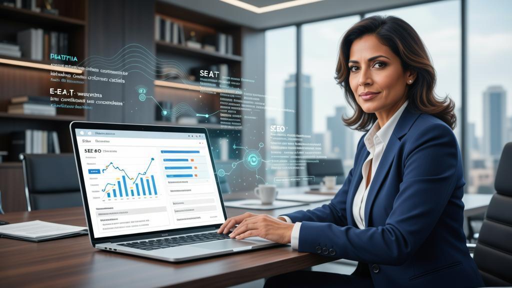 Técnicas Avançadas de SEO para Advogados Domine as Buscas em 2026 com advogada analisando métricas e estratégia digital