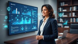 Como Usar IA na Análise de Dados no Marketing Jurídico com advogada analisando dashboard de BI